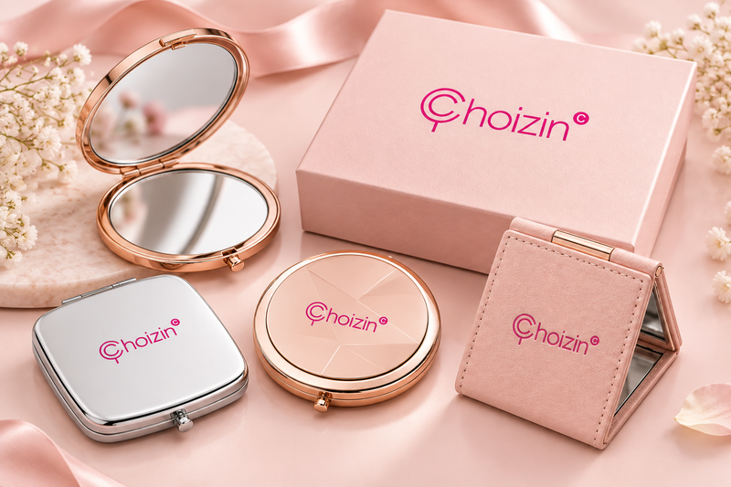 CHOIZIN logo printed on custom compact mirrors and beauty gift packaging