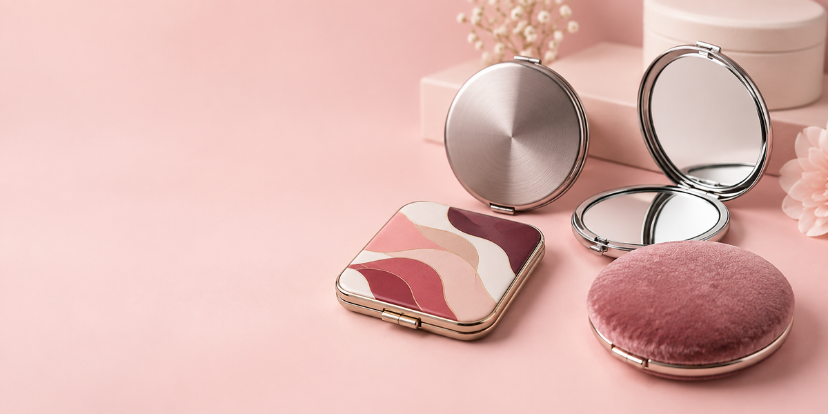A selection of custom compact mirrors in different shapes, materials and finishes