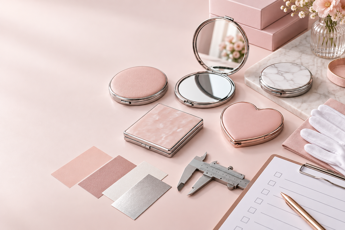 Custom compact mirror quality inspection workspace with samples, caliper and checklist