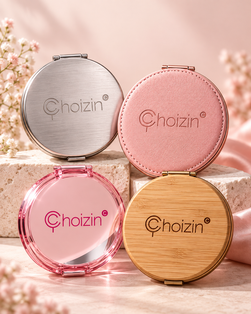 Choizin compact mirrors with material-specific logo finishes on metal, PU leather, acrylic and bamboo