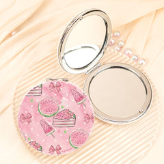 Pink Watermelon Compact Mirror Round PU Leather Folding Pocket Mirror Dual Sided Metal Cosmetic Mirror Summer Fruit Makeup