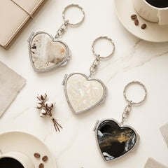 Heart-Shaped Marble & Pearl Acetate Compact Mirror Keychain, Double-Sided Folding Makeup Mirror with 95% High Reflectivity Lens, Silver Plated Portable Purse Mirror for Women & Girls