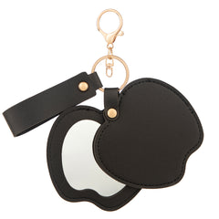 Apple-shaped PU leather compact mirror keychain with double-sided glass and swivel folding design