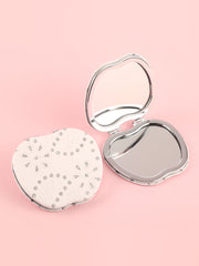 Apple Shaped Embossed Floral Leaf PU Leather Compact Mirror with Glitter Finish - Silver Iron Metal Frame Double-Sided Folding Pocket Vanity Mirror with HD Glass for Purse, Travel & Gifts