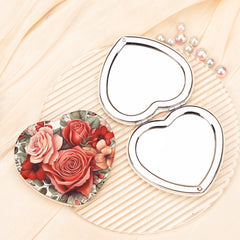 Heart Shaped Compact Makeup Mirror Vintage Rose Floral Folding Pocket Mirror Double Sided PU Leather Cosmetic Vanity Mirror