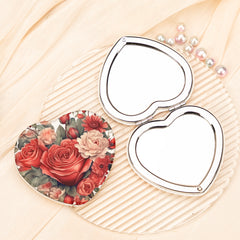 Heart Shaped Compact Makeup Mirror Vintage Rose Floral Folding Pocket Mirror Double Sided PU Leather Cosmetic Vanity Mirror