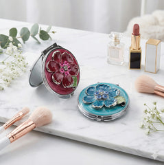 Vintage Floral Compact Mirror with Rhinestones, Double-Sided Folding Makeup Mirror, Portable Pocket Mirror