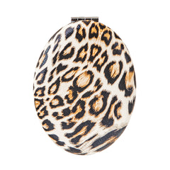 Oval Leopard Print PU Leather Compact Mirror - Trendy Padded Cushioned Silver Metal Double-Sided Folding Pocket Vanity Mirror with HD Glass for Purse, Travel, Animal Print Lovers & Gifts 🐆🪞✨