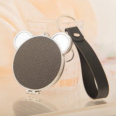 Bear-Head Shaped PU Leather Compact Mirror Keychain - Cute Teddy Bear Double-Sided Folding Travel Mirror with Plastic Frame - Pocket Purse Charm Vanity Mirror with Wrist Lanyard for Women, Girls & Students 🐻✨