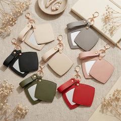 Rhombus-Shaped PU Leather Compact Mirror Keychain - Multi-Color Cute HD Swivel Folding Double-Sided Travel Mirror