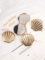 Vintage Seashell Metal Compact Mirror, 3D Scallop Shell Double-Sided Folding Pocket Mirror with HD Glass
