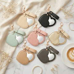 Litchi Grain PU Leather Heart-Shaped Compact Mirror Keychain - Multi-Color Cute HD Swivel Folding Double-Sided Travel Mirror
