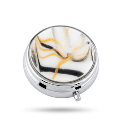 Round Marble Swirl Acetate Pill Case with Mirror, Portable 3-Compartment Metal Pill Organizer, Eco-Friendly Travel Pill Box with 95% High Reflectivity Mirror for Purse, Gift for Women