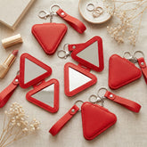 Triangle-Shaped Red PU Leather Compact Mirror with Keychain & Wristlet - Portable Double-Sided Folding Travel Mirror - High-Definition Pocket Mirror for Women, Girls & Students, Perfect for Handbags, Backpacks & Keys 🌸✨