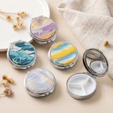 Round Pill Organizer with Mirror, 6 cm Compact Travel Pill Box with Acetate Acrylic Inlay, Metal Frame, ABS Compartments & Glass Mirror, Daily Medication and Vitamin Case for Women and Men