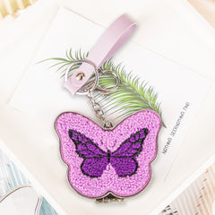 Butterfly Plush Compact Mirror with Keychain, Double-Sided Makeup Mirror, Embroidered Short Plush Pocket Mirror, Portable Cosmetic Mirror for Women, Girls, Travel & Gifts
