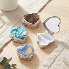 Heart-Shaped Pill Organizer, Portable Travel Pill Box, Acetate Inlay, Metal Case with ABS Compartments, Compact Vitamin & Medication Holder for Women, Purse & Everyday Use