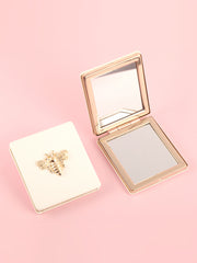 Vintage honeybee PU leather compact mirror with gold-tone bee emblem and double-sided glass