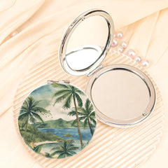 Tropical Beach Palm Tree Compact Mirror Round PU Leather Folding Pocket Mirror Dual Sided Metal Cosmetic Mirror Island Vacation Vanity