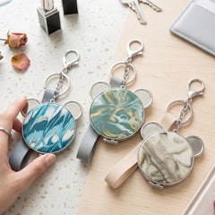 Bear Ear Marble Acetate Compact Mirror Keychain with Leather Strap, Double-Sided Folding Makeup Mirror with 95% High Reflectivity Lens, Cute Portable Purse Mirror for Women & Girls