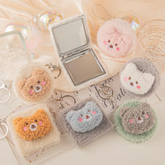 Cute Plush Bear Head Compact Mirror Keychain, Double-Sided Pocket Makeup Mirror with Soft Furry Animal Design, Portable Travel Mirror for Women, Girls & Kids