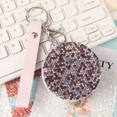 Sparkling Crystal Rhinestone Pocket Mirror Keychain PU Leather Strap Round Metal Cosmetic Mirror Bag Charm Vanity Mirror for Women