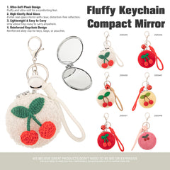 Round Plush Compact Mirror Keychain - Cute Knitted Cherry Charm Faux Fur Double-Sided Folding Travel Mirror - Soft Fluffy Pocket Bag Charm Vanity Mirror with Wrist Lanyard for Women, Girls & Kids 🍒✨