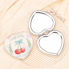 Cute Cherry Heart Shaped Compact Mirror Folding Dual Sided PU Leather Pocket Mirror Metal Portable Travel Makeup Vanity Mirror