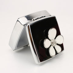 Flower Rhinestone Pill Box with Mirror, Black Enamel Portable Pill Organizer, Eco-Friendly 2-Compartment Pill Case with 95% High Reflectivity Mirror for Purse/Travel, Elegant Gift for Women