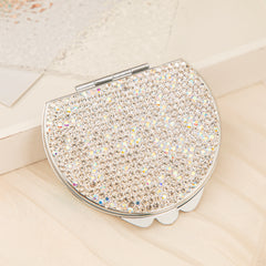 Sparkling Half-Round Arch Rhinestone Compact Mirror - Silver Electroplated Metal Double-Sided Folding Pocket Vanity Mirror