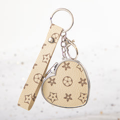 Heart-Shape Monogram Leather Compact Mirror Keychain, Portable Double-Sided Makeup Mirror with 95% High Reflectivity, Mini Pocket Mirror for Purse/Keys, Gift for Women & Girls