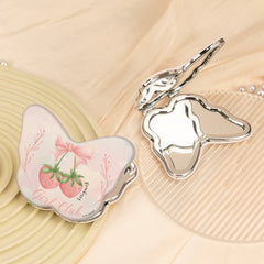 Cute Butterfly Compact Mirror PU Leather Folding Pocket Mirror Silver Plated Plastic Frame Double Sided Strawberry Vanity