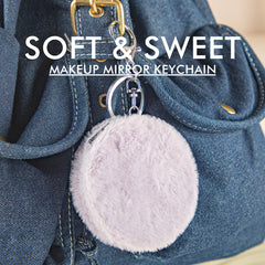 Round Plush Compact Mirror Keychain, Double-Sided Pocket Makeup Mirror with Soft Faux Fur Cover, Portable Travel Cosmetic Mirror for Women & Girls