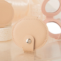 Oval PU Leather Compact Mirror for Women & Girls, Double-Sided Folding Makeup Mirror with Snap Button Closure, Portable Pocket Cosmetic Mirror for Travel, Purse & Daily Touch-Ups