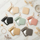 Litchi Grain PU Leather Rhombus-Shaped Compact Mirror Keychain - Multi-Color Cute HD Swivel Folding Double-Sided Travel Mirror - Slim Pocket Purse Charm Vanity Mirror with Wrist Strap for Women, Girls & Students