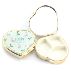 Heart-Shaped Gold Plated Pill Box with Mirror, Cute Cartoon Print Portable Pill Organizer, 3-Compartment Eco-Friendly Pill Case with 95% High Reflectivity Mirror for Purse/Travel, Gift for Women & Girls