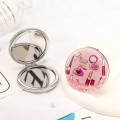 Red Lips Quicksand Compact Mirror Round Liquid Glitter Folding Pocket Mirror Dual Sided Plastic Frame Makeup Vanity Mirror