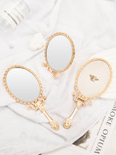 Vintage Folding Handheld and Tabletop Metal Makeup Mirror, Embossed Gold Frame with 3D Rhinestone Bee and PU Leather Back