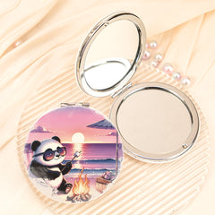 Cute Beach Vacation Panda Compact Mirror Round PU Leather Folding Pocket Mirror Iron Frame Dual Sided Makeup Vanity Mirror