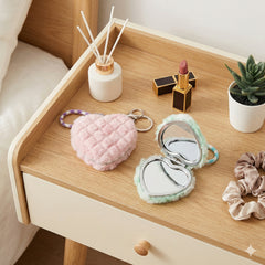 Heart Shape Plush Compact Mirror with Keychain, Double-Sided Folding Makeup Mirror, Cute Portable Pocket Mirror for Women Girls, Travel Purse Cosmetic Mirror Gift