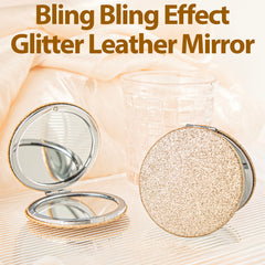 Glitter Leather Compact Makeup Mirror Bling Round Double Sided Folding Pocket Mirror Metal Portable Cosmetic Vanity Mirror