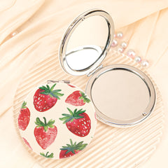 Cute Strawberry Compact Mirror Round Folding Pocket Mirror PU Leather Double Sided Metal Cosmetic Mirror Portable Beauty Tool