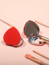 Heart-Shaped Crossgrain PU Leather Compact Mirror, Silver Metal Double-Sided Folding Pocket Mirror with HD Glass