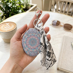 Boho Mandala Compact Mirror with Silk Scarf Keychain – Portable PU Leather Double-Sided Travel Mirror – High-Definition Vanity Mirror with Ribbon Charm for Purses, Handbags & Backpacks – Stylish Gift for Women & Girls 🌸✨