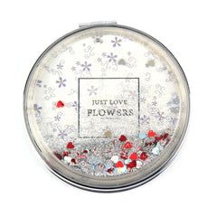 Round Quicksand Compact Mirror Floating Heart Sequins Folding Pocket Mirror Silver Plated Dual Sided Makeup Vanity Flowers Print Mirror