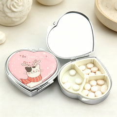 Heart-Shaped Cat Print Pill Box with Mirror, Cute Animal Pattern Portable Pill Organizer, 3-Compartment Eco-Friendly Pill Case with 95% High Reflectivity Mirror for Purse/Travel, Gift for Women & Girls