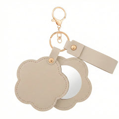 Flower-Shaped PU Leather Compact Mirror Keychain - Multi-Color Cute HD Swivel Folding Travel Mirror