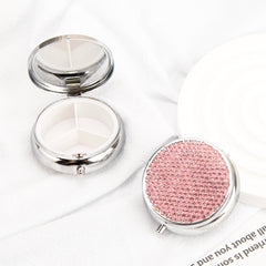 Silver plated rhinestone pill box with push button closure