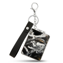 Rectangle Marble Swirl Acetate Compact Mirror Keychain with Snap Leather Wrist Strap, Double Sided Folding Makeup Mirror with 95% High Reflectivity Lens, Portable Pocket Mirror for Purse Travel, Gift for Women Teen Girls