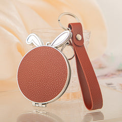 Rabbit-Ear Shaped PU Leather Compact Mirror Keychain - Cute Bunny Ears Double-Sided Folding Travel Mirror with Plastic Frame - Pocket Purse Charm Vanity Mirror with Wrist Lanyard for Women, Girls & Students 🐰✨